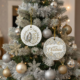 Ornamento De Cerâmica Silver and gold nativity Christmas
