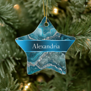 Ornamento De Cerâmica Silver Blue Aqua Glam Glitz Nome de Natal