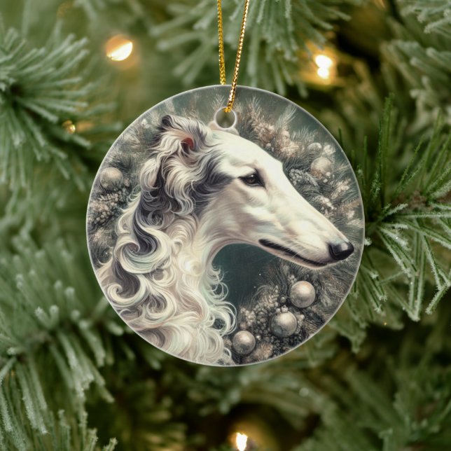Ornamento De Cerâmica Silver Borzoi Wreath Ornament (Árvore)