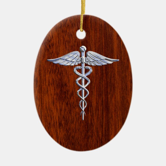 Ornamento De Cerâmica Silver Como Caduceus Símbolo Médico Mahogany Impre (Frente)