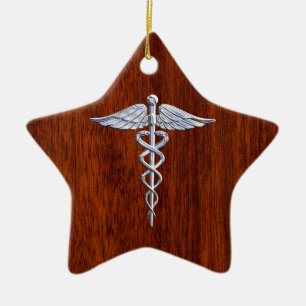 Ornamento De Cerâmica Silver Como Caduceus Símbolo Médico Mahogany Impre