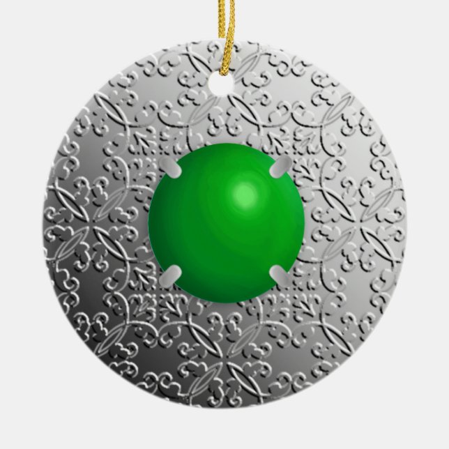 Ornamento De Cerâmica Silver Damask com gemstone falso (Frente)