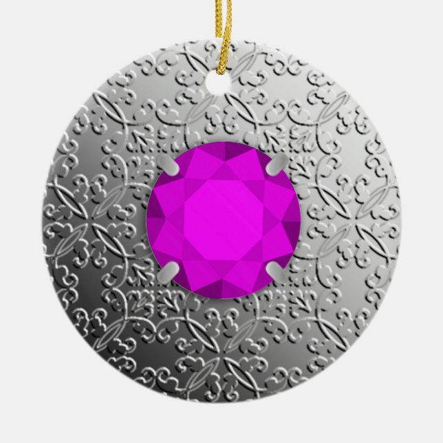 Ornamento De Cerâmica Silver Damask com gemstone faux amethyst (Frente)
