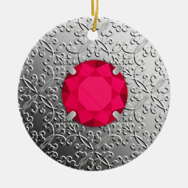 Ornamento De Cerâmica Silver Damask com gemstone faux ruby (Frente)