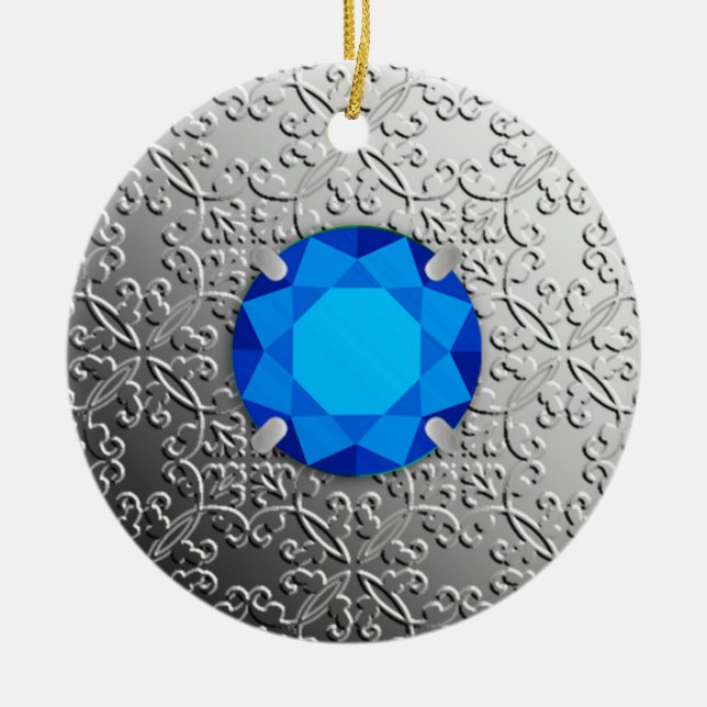 Ornamento De Cerâmica Silver Damask com gemstone faux sapphire (Frente)