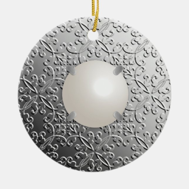 Ornamento De Cerâmica Silver Damask com uma maldita pérola (Frente)