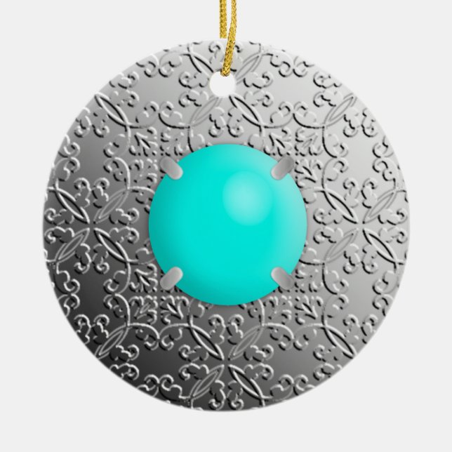 Ornamento De Cerâmica Silver Damask com uma pedra azul-turquesa (Frente)