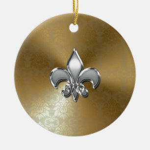 Ornamento De Cerâmica Silver Fleur-De-Lis no Dourado Damasco