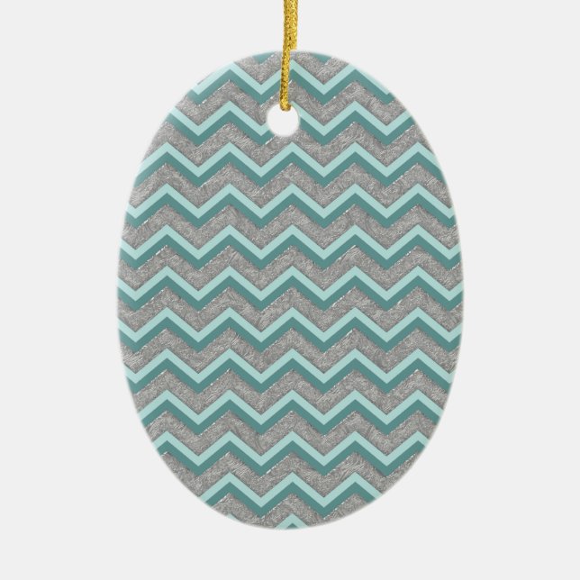 Ornamento De Cerâmica Silver Foil e Teal ZigZag (Frente)