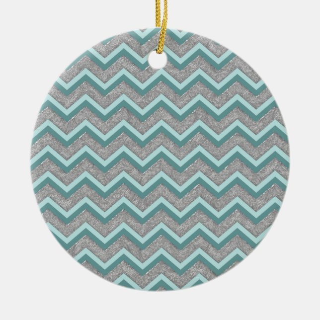 Ornamento De Cerâmica Silver Foil e Teal ZigZag (Frente)