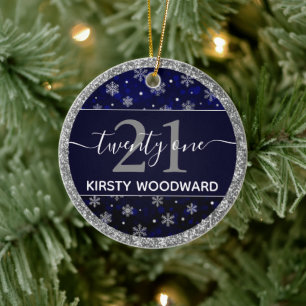 Ornamento De Cerâmica Silver Foil Flocos de Neve e aniversário de 21 ano