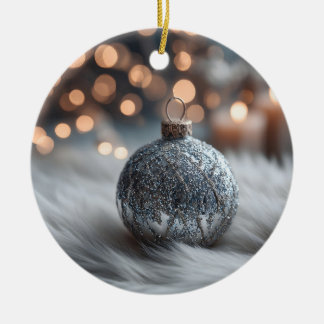 Ornamento De Cerâmica Silver Glitter Christmas Ornament on White Fur