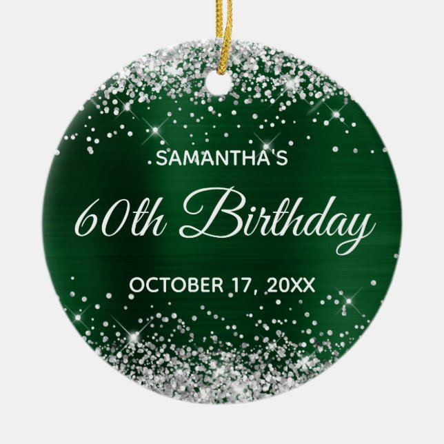 Ornamento De Cerâmica Silver Glitter Dark Green Foil 60º Aniversário (Frente)