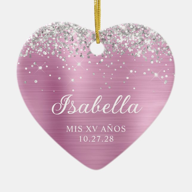 Ornamento De Cerâmica Silver Glitter Light Rosa Pink Mis XV Anos Photo (Frente)