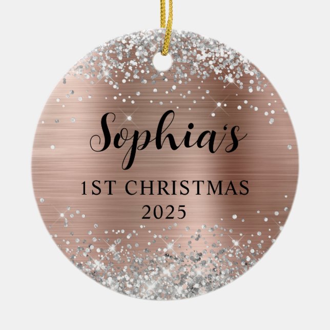 Ornamento De Cerâmica Silver Glitter Rose Gold Foil 1st Christmas Photo (Frente)