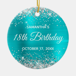 Ornamento De Cerâmica Silver Glitter Turquoise Foil 18º Aniversário
