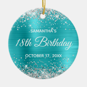 Ornamento De Cerâmica Silver Glitter Turquoise Foil 18º Aniversário