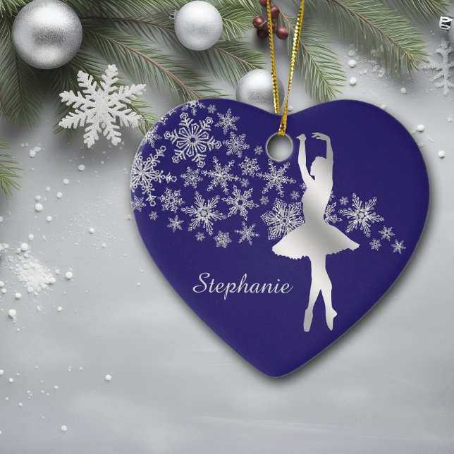 Ornamento De Cerâmica Silver Snowflake Ballerina Blue (Criador carregado)