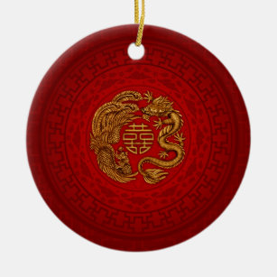 Ornamento De Cerâmica Símbolo de Felicidade Dupla com Phoenix e Dragon