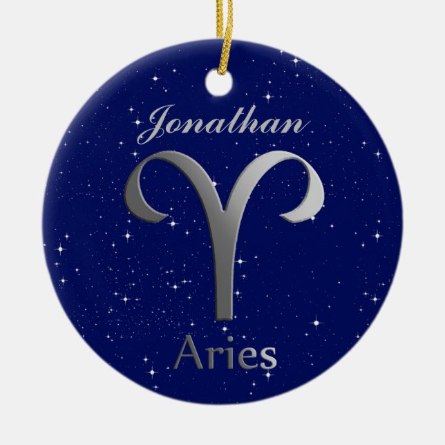 Ornamento De Cerâmica Símbolo de Sinal de Aries Sun com Nome (Frente)