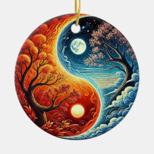 Ornamento De Cerâmica Símbolo Intrincado Yin-Yang Mostrando Fogo, Água