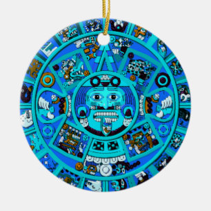 Ornamento De Cerâmica Símbolo Mayan Aztec antigo em azul