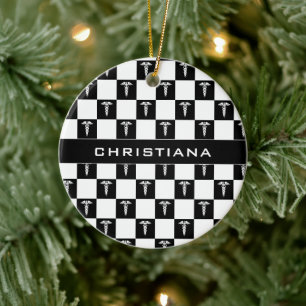 Ornamento De Cerâmica Símbolo médico branco e preto personalizado Caduce