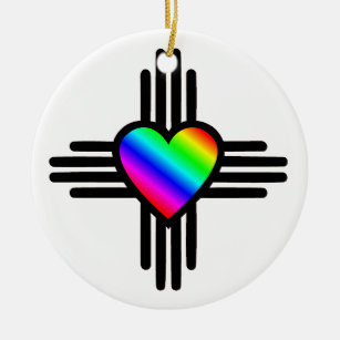 Ornamento De Cerâmica Símbolo Zia do Novo México com Coração Arco-Íris