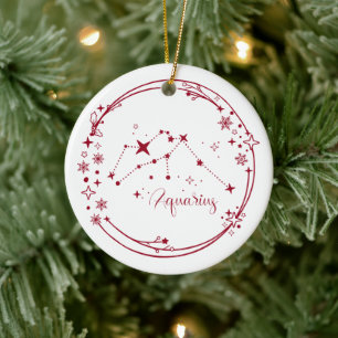 Ornamento De Cerâmica Símbolo Zodiac Aquarius de Natal Vermelho