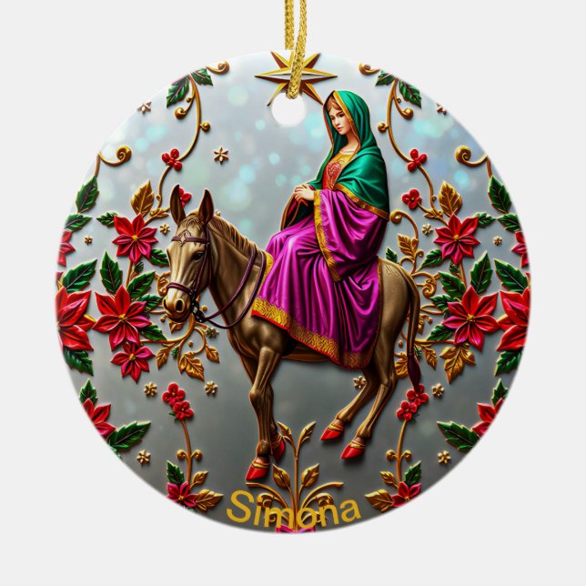 Ornamento De Cerâmica SIMONA ~ Mary no Donkey ~ (Frente)