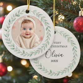 Ornamento De Cerâmica Simple Eucalyptus Baby First Christmas Photo