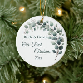 Ornamento De Cerâmica Simple Eucalyptus Wedding  First Christmas