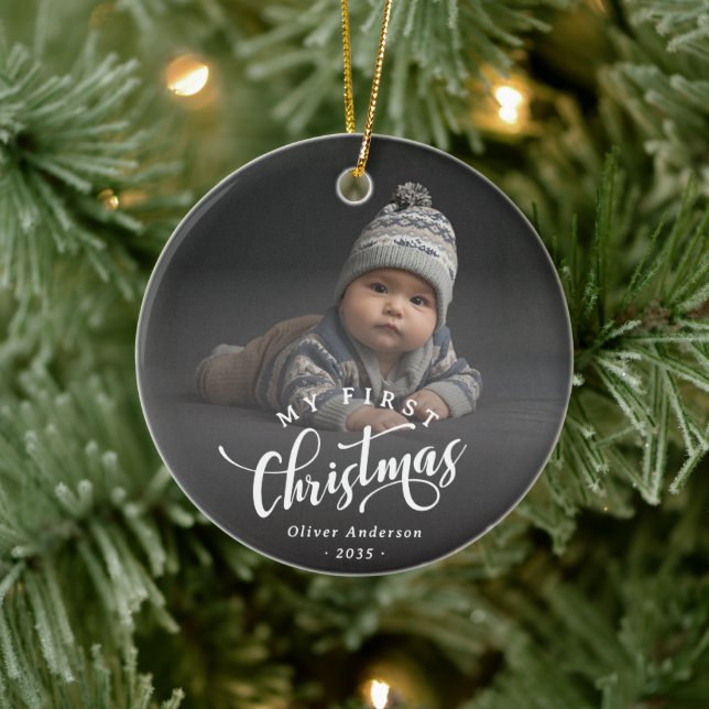 Ornamento De Cerâmica Simple My First Christmas Calligraphy Script Photo (Árvore)