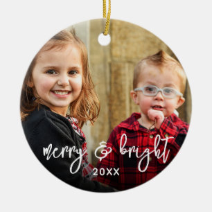 Ornamento De Cerâmica Simples 2 Foto Feliz Natal Nome Moderno