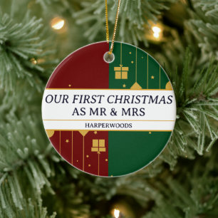 Ornamento De Cerâmica Simples Decoração Nosso Primeiro Natal como Sr e S