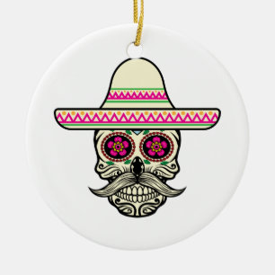 Ornamento De Cerâmica Simples Dia de Muertos Skull com Chapéu   Ornament