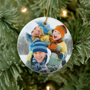 Ornamento De Cerâmica Simples Duas Fotografias Nome Ano