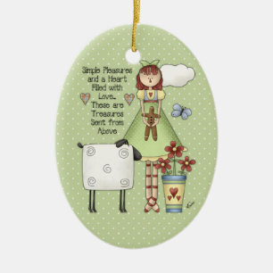 Ornamento De Cerâmica Simples Prazer Farmhouse Annie Doll Oval Ornament