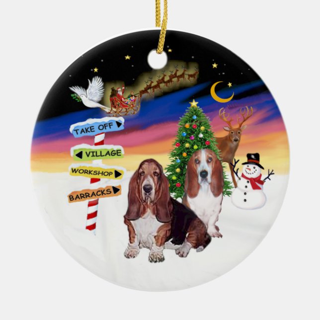 Ornamento De Cerâmica Sinais de Natal - Dois Cães Bssset (Frente)