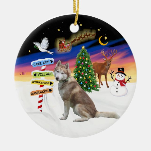 Ornamento De Cerâmica Sinais Xmas - Husky Siberiano Vermelho (Frente)
