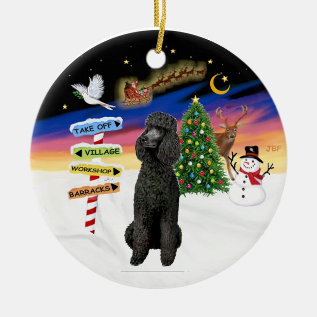 Ornamento De Cerâmica Sinais Xmas - Poodle Padrão Preto (Frente)