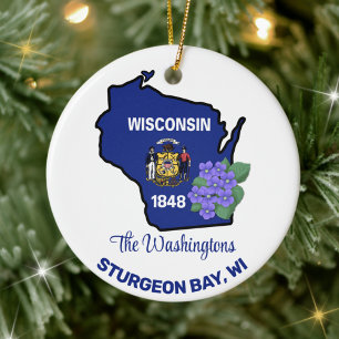 Ornamento De Cerâmica Sinalizador Wisconsin e Flor Azul Violeta Nome Per