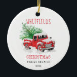 Ornamento De Cerâmica Sindicato da Família Natal Feriado Personalizado<br><div class="desc">Apresentando um clássico caminhão vermelho na neve com uma árvore de Natal na parte de trás para colocar o humor para o que virá no feriado. Altere facilmente o nome da família clicando no botão "Personalizar" acima DICA: Veja o outro roupa para o resto da família, suprimentos de festas, sacos...</div>