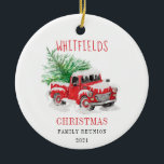 Ornamento De Cerâmica Sindicato da Família Natal Feriado Personalizado<br><div class="desc">Apresentando um clássico caminhão vermelho na neve com uma árvore de Natal na parte de trás para colocar o humor para o que virá no feriado. Altere facilmente o nome da família clicando no botão "Personalizar" acima DICA: Veja o outro roupa para o resto da família, suprimentos de festas, sacos...</div>