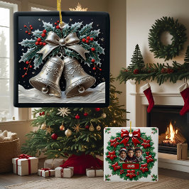 Ornamento De Cerâmica Sininhos de Prata e Azevinho de Natal Personalizáv