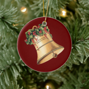 Ornamento De Cerâmica Sinos Dourados de Natal Antigo, Saudações da Tempo