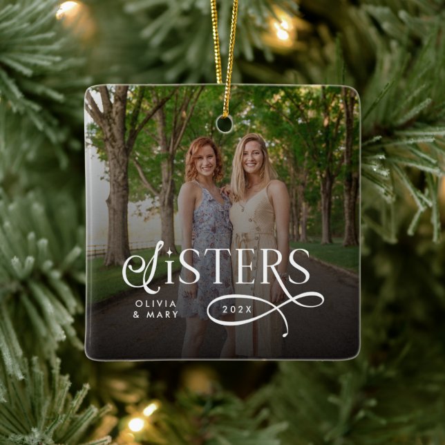 Ornamento De Cerâmica Sisters Photo Personalized Monogram (Árvore)