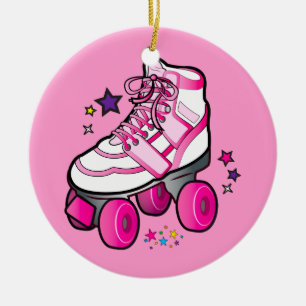Ornamento De Cerâmica Skate de rolo no rosa com estrelas