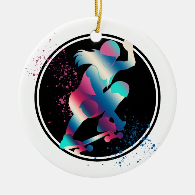Ornamento De Cerâmica Skateboarder fêmea (Frente)