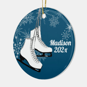 Ornamento De Cerâmica Skates de gelo e flocos de neve com fotografia